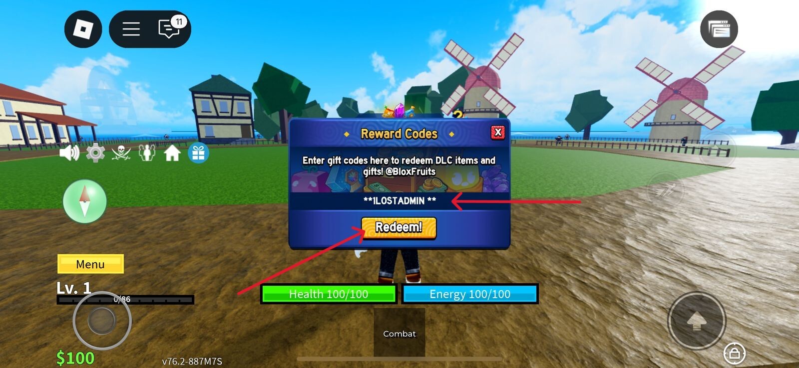 Fenêtre de saisie des codes Blox Fruit dans le jeu Roblox
