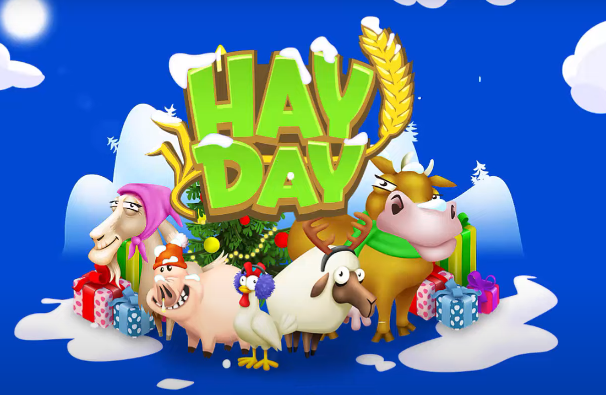 Ferme colorée dans Hay Day avec champs, bâtiments de production et ressources à gérer
