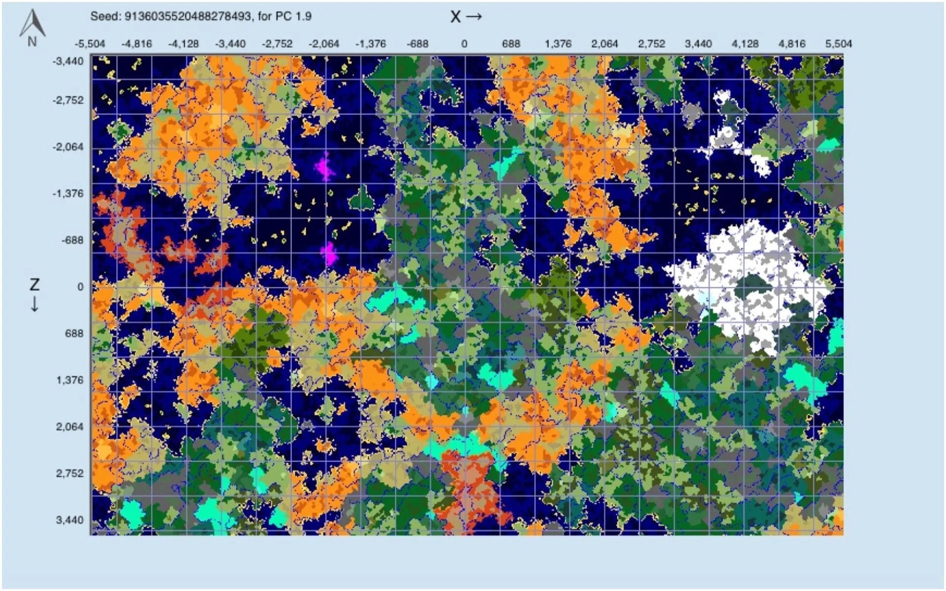 Carte interactive Chunkbase affichant les biomes et structures d'un monde Minecraft à partir d'une seed