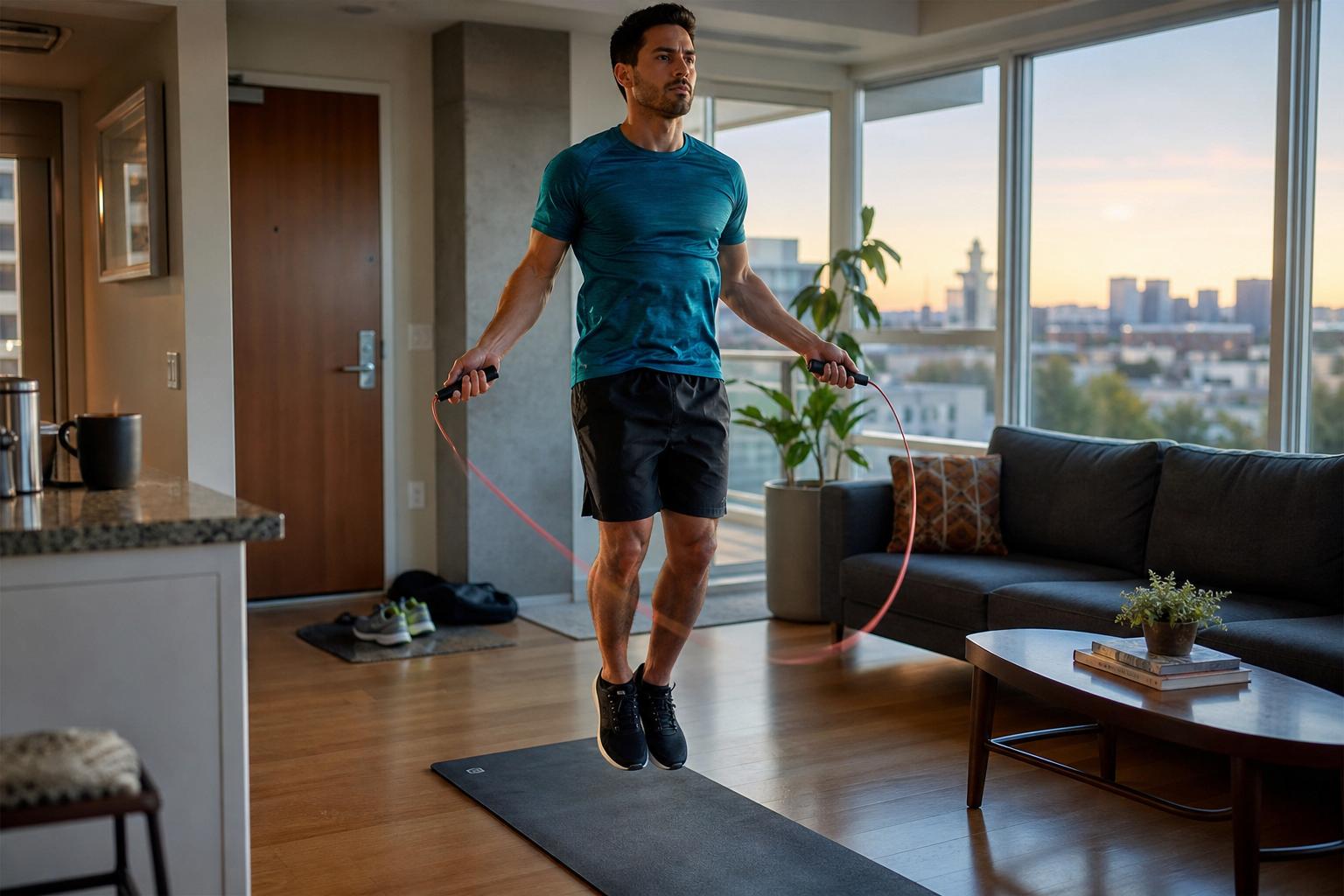 Poignées d'une corde à sauter sans corde posées sur un tapis de salon
